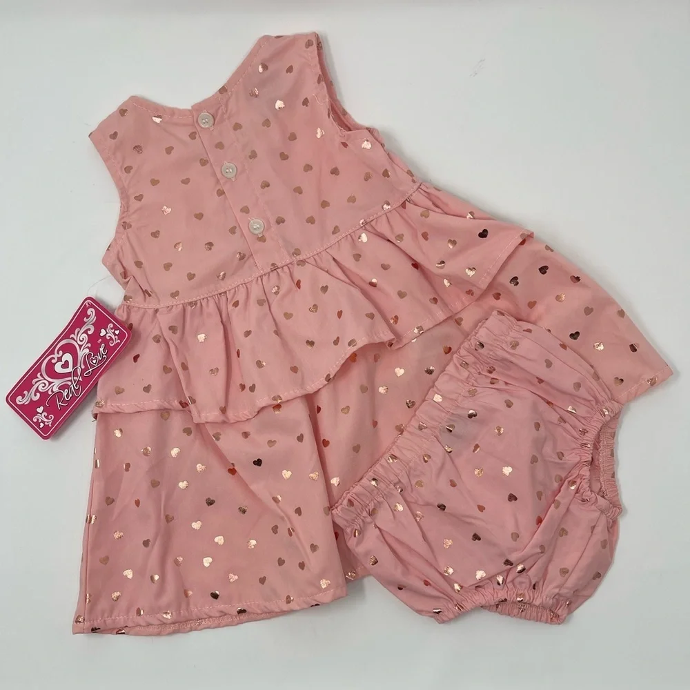 REAL LOVE PINK SHINY HEARTS DRESS & BLOOMERS RUFFLE & BOW SZ 12 MONTHS - Picture 6 of 11